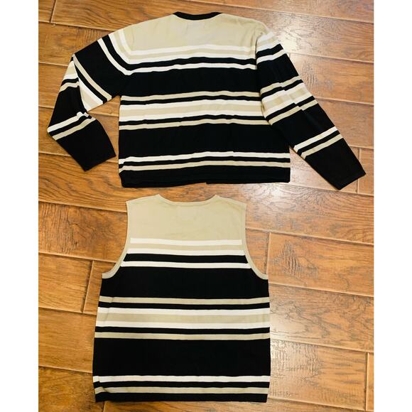 Christopher & Banks Sweater L Vest Set Striped Black Tan White Cardigan Button - Picture 10 of 10